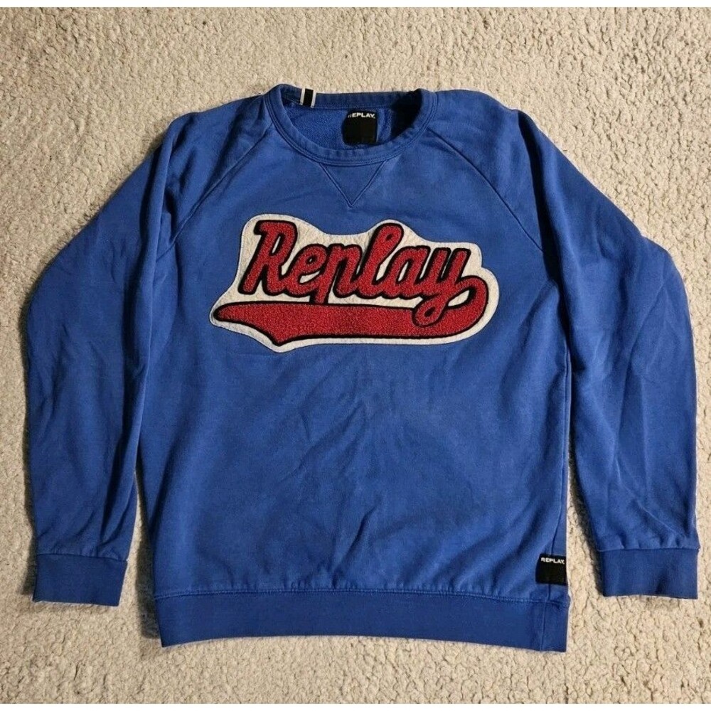Replay Mens M Blue Chenille Script Logo Crewneck Sweatshirt Pullover Varsity